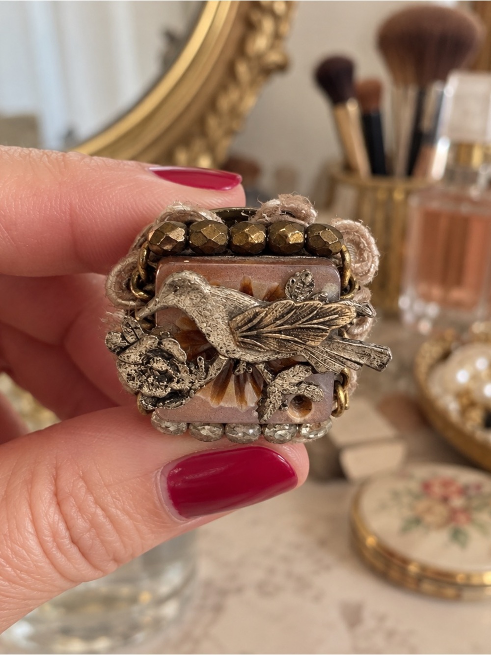 Vintage-Inspired Bird & Flower Statement Ring in Gold and Pink